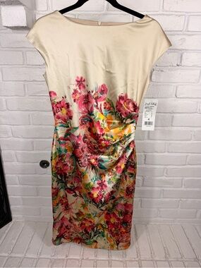 Joseph Ribkoff Floral Cocktail Dress Size 4 NWT Champagne Satin Ruched Sheath